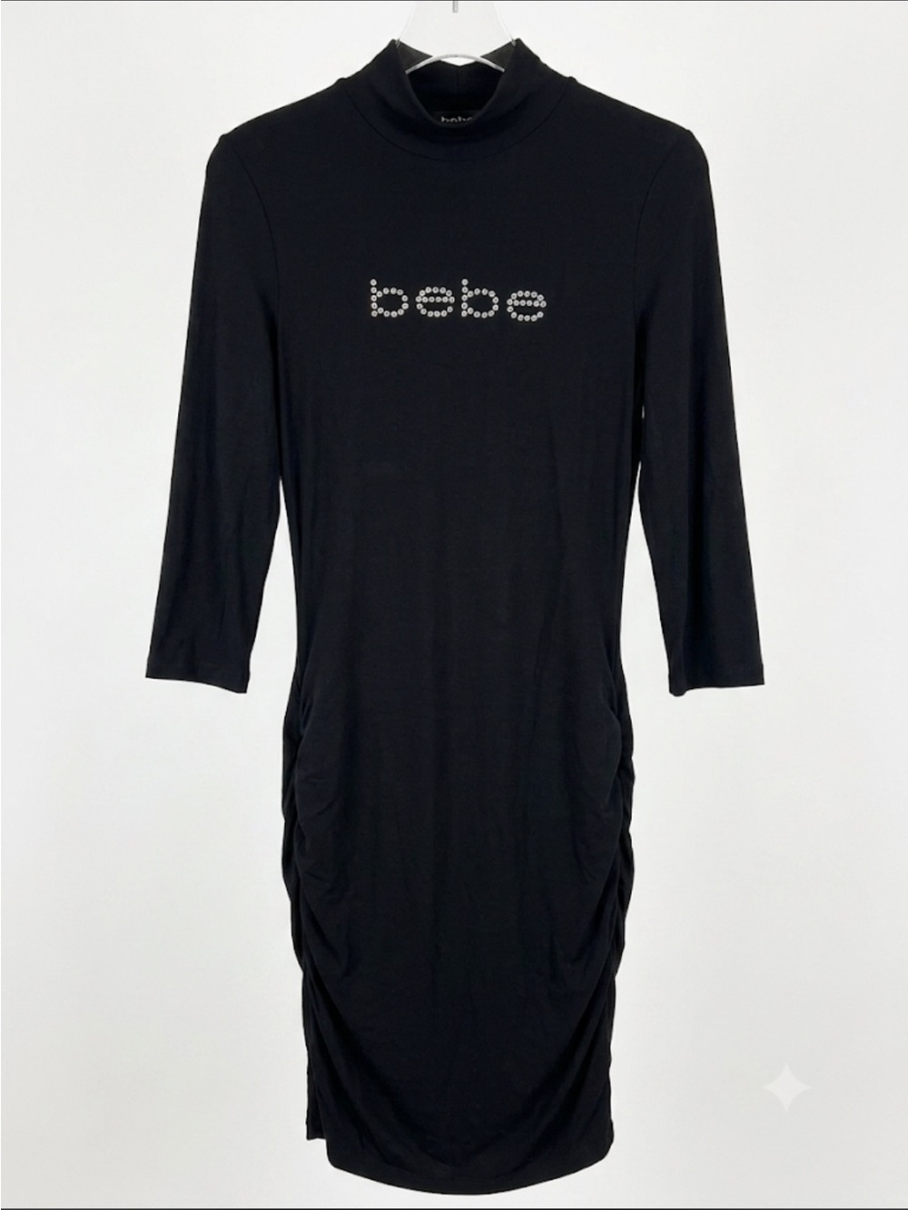 bebe Black Rhinestone Logo Mock Neck Dress
